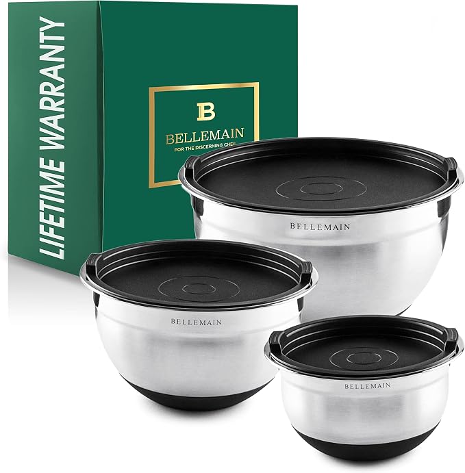 Bellemain Stainless Steel Mixing Bowls with Airtight Lids Set - Set of 3 | Non-slip Silicon Base, Kitchen Essentials for Baking & Serving (Mix, Serve, and Store), Rust resistant, Dishwasher Safe