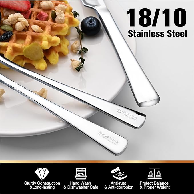45 Piece Silverware Set for 8 with Serving Utensils, 18/10 Stainless Steel | KINGSTONE Forged Flatware Cutlery Set, Mirror Polished Knives Fork and Spoon Utensils, Dishwaher Safe for Home Wedding Party