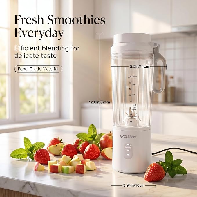 VOLYN Mini Electric Blender Smoothie Maker with Straw & Cleaning Brush | Mini Personal Blender for Fruit Drinks, Smoothies & Milkshakes, Compact Space-Saving Design for Kitchen and Office, White