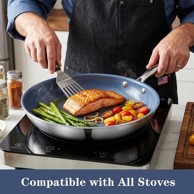 10 Inch Stainless Steel Ceramic Non Stick Frying Pan Skillet with Lid - PFOA Free, Oven Safe 550°F, Dishwasher Safe, Induction Compatible, For Searing Steaks, Cooking Eggs & All Stovetops