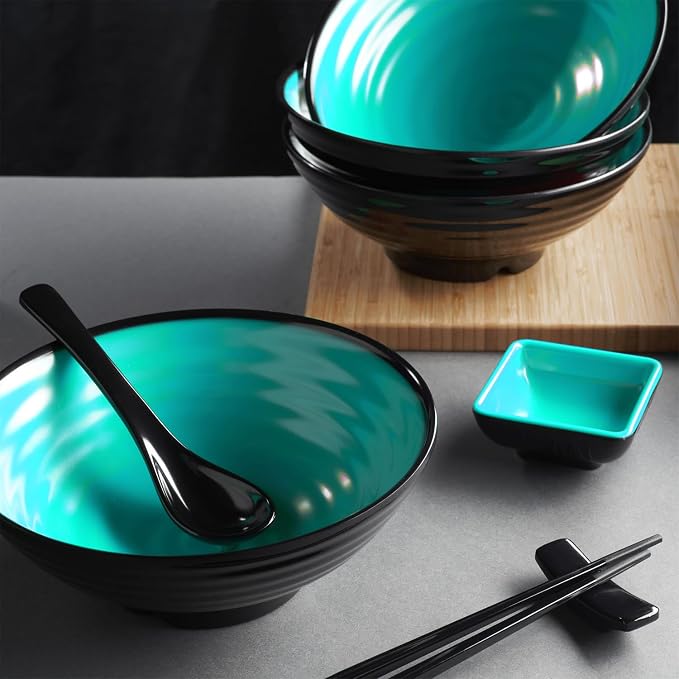 Unbreakable Ramen Bowl Set with Chopsticks and Spoon: 2 large Japanese Style Melamine Ramen Bowls, Dipping Bowls and Chopstick Stands for Asian Pho Soup Thai Miso Udon Wonton (2 Bowl Set, Teal-Black)
