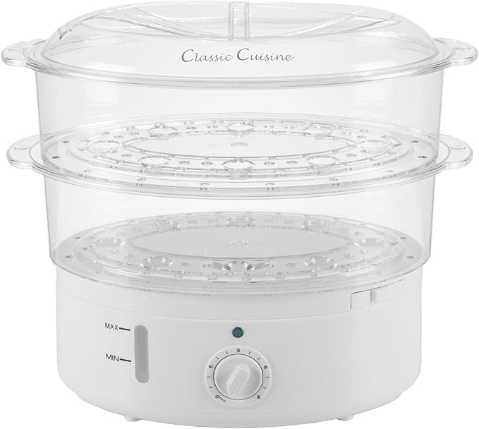 Classic Cuisine 2-Tier Vegetable Steamer and Rice Cooker, 120V 60Hz 800W | 6.3 Quart Electric Steamer for Cooking Healthy Fish, Eggs, Vegetables, Rice, and Baby Food