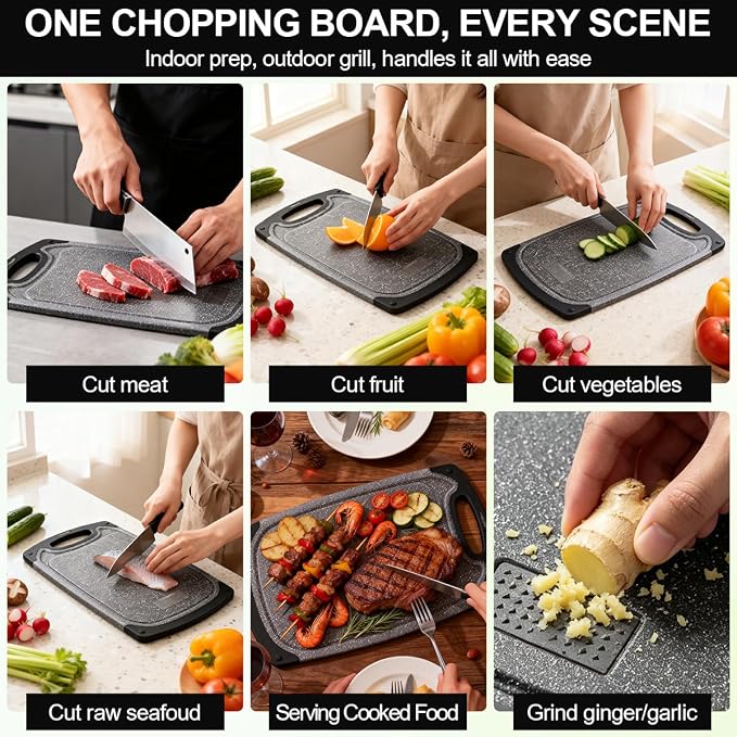 Viretang Extra Large Cutting Boards For Kitchen, 3 Pieces, Dishwasher Safe | Plastic Chopping boards Set with Juice Grooves, Easy Grip Handle, Non-Slip, Grinding Area, XL, Dark Grey, Non BPA