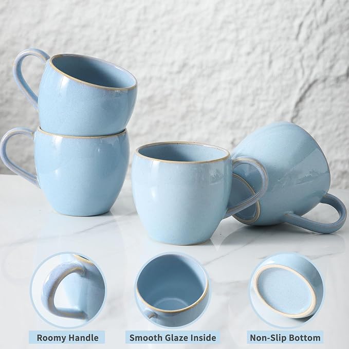 Coffee Mugs Set of 4, Stoneware 16 Oz Coffee Mugs for Cappuccino Latte Cocoa and Tea, Ceramic Coffee Cups with Handle,Sky Bule Mugs for Housewarming Gifts, Microwave and Dishwasher Safe