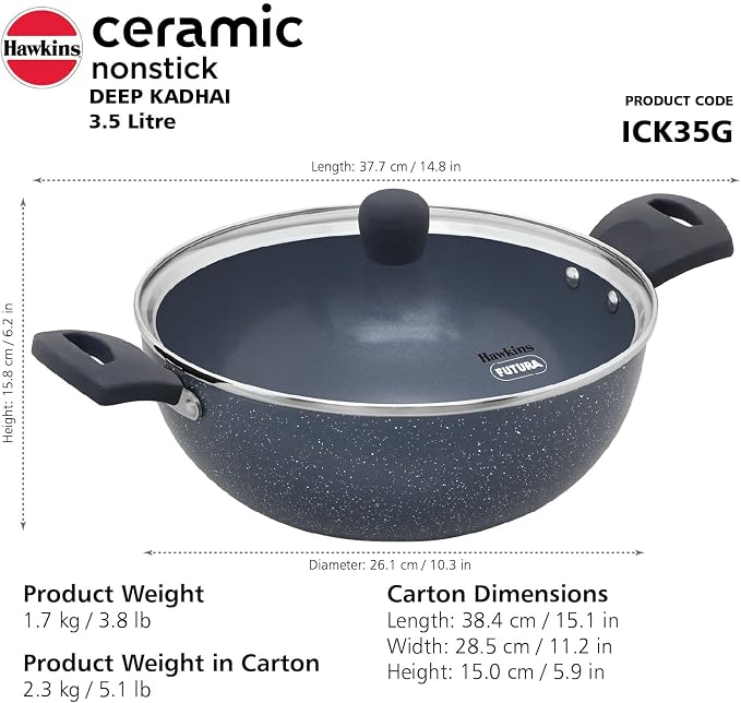 HAWKINS Ceramic Nonstick 3.5 Litre Deep Kadhai, Induction Deep Fry Pan with Glass Lid, Granite Kadai (ICK35G)