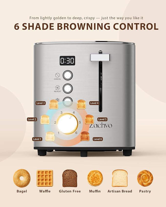 2 Slice Toaster with Countdown Timer, Wide Slots Fits Thick Bread & Bagel | 6 Browning Levels, Defrost, Reheat & Cancel, Removable Crumb Tray, Compact Design for Everyday Breakfast