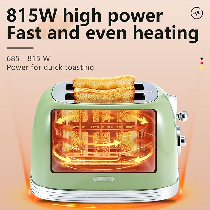 Wiltal Green Cute Retro Toaster 2 Slice with 1.58" Wide Slots, with Stainless Steel Lid, with Warming Rack, Preheat, Defrost, Countdown Timer Display