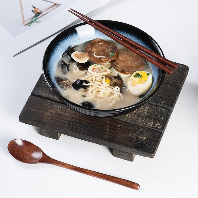 Ceramic Japanese Ramen Bowl Set, 2 Sets Asian Pho Udon Soup Noodle Bowls with Spoons and Chopsticks (Black/Blue, 8 inches)