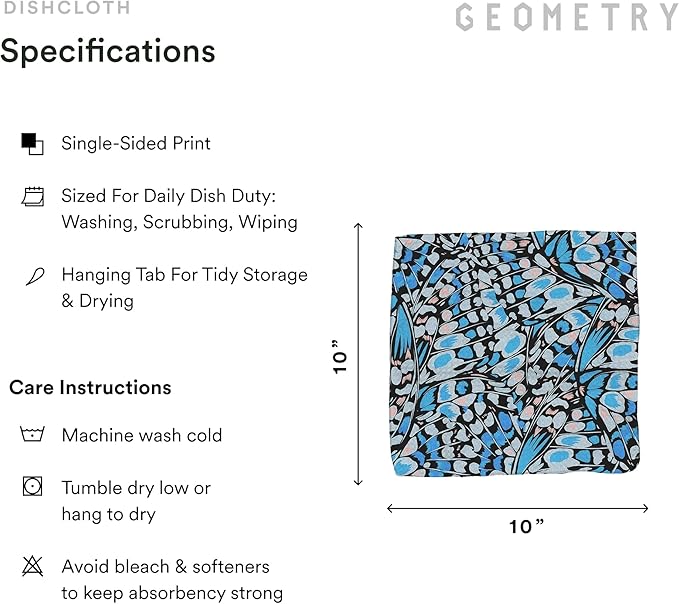 GEOMETRY Kitchen Dish Cloths - Spring & Summer Collection - Premium Dishcloths with Geoweave - Absorbent & Fast Drying Kitchen Towels - Blue Garden Wings, 10" x 10" - 3-Pieces