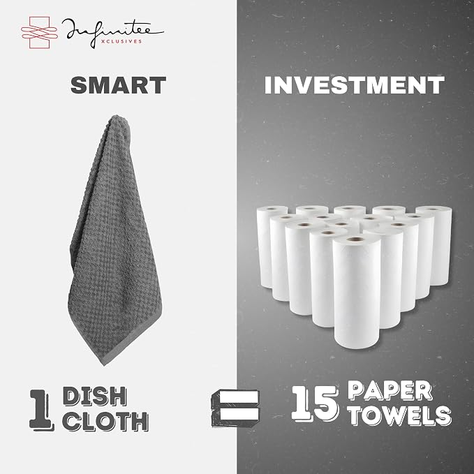 Infinitee Xclusives Premium Dish Cloth 100% Cotton 12 x 12 Inches |Pack of 4| - Ultra Soft Tea Towels - Highly Absorbent Kitchen Rags - Terry Dishcloth for Kitchen and Household Cleaning |Grey|
