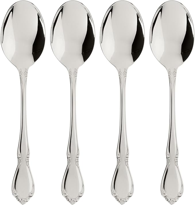 Oneida Chateau Dinner Spoons Silverware Set for 4, Flatware | 18/10 stainless steel, mirror finish | dishwasher safe | great for soup or everyday dining, cutlery set