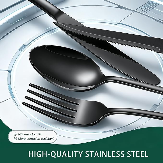 Black Forks Silverware Set Of 6 Pieces, Stainless Steel Forks, Mirror Polished Fork Set, Cutlery Utensils Set, Apartment Essential Flatware