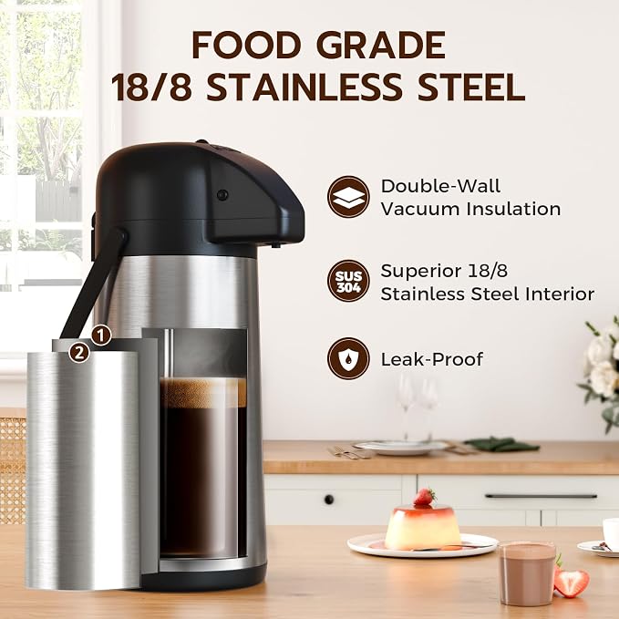 Coffee Carafe for Keeping Hot, 102OZ / 3L Airpot Coffee Dispenser with Pump | Large Thermal Coffee Urn for Hot Drinks Tea Liquid, 304 Insulated Stainless Steel Hot Water Beverage Dispenser for Parties