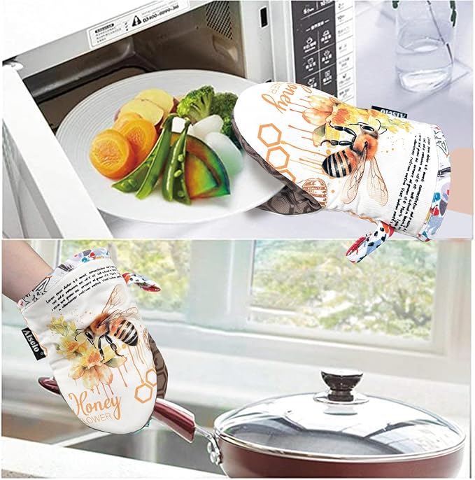 Alselo Mini Oven Mitts 2-Pack Set,Silicone Little Kitchen Gloves | Heat Resistant with Non-Slip Grip and Soft Quilted Cotton Lining for Safe Backing Cooking Barbecue (Khaki, Bee,2)