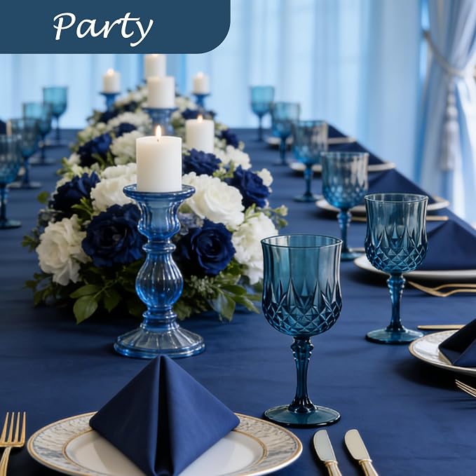 24Pack Plastic Wine Glasses, 7oz Vintage Goblets for Wedding | Unbreakable Crystal Style Reusable Stemware, Elegant Navy Blue Drinking Glass for Party Anniversary & Holiday Celebration
