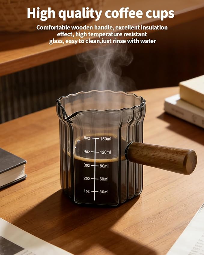 Espresso Measuring Cup 5 Oz, Espresso Glass Cups with Wood Handle, Milk Frothing Cup, Espresso Cup for Coffee, Milk, Tea or Maple Syrup Serving (Gray, 5 oz)