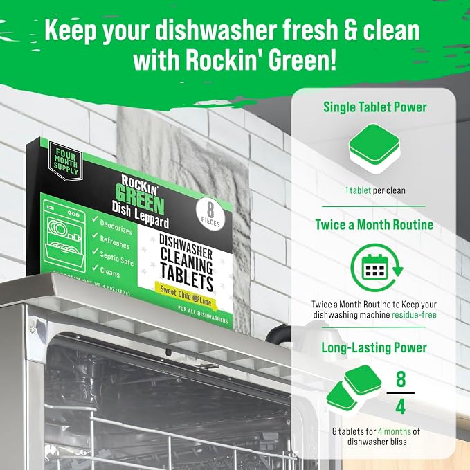 Rockin' Green Dishwasher Cleaner Citrus Lime Tablets 8 Pack | Deep Cleaning, Deodorizing, for Dishwashers Washing Machines Garbage Disposals, Removes Odor and Residue
