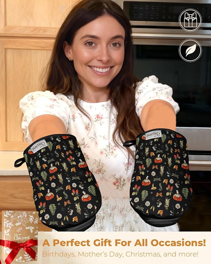 100% Thick Cotton Mini Oven Mitts Silicone Grip Black Mushroom | Girly Cute Oven Mitts for Women, Machine Washable, Non-Slip, Reversible Design Fits Both Hands, Stylish Kitchen Decor