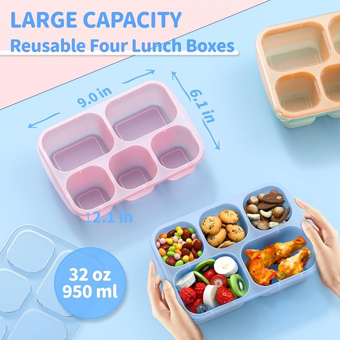 Bento Box Adult Lunch Box - 4 Pack, 5 - Compartment Meal Prep Container for Kids, Reusable Food Storage Snack Containers - Stackable for School, Work, and Travel (Transparent(Blue/Pink/Green/Yellow))