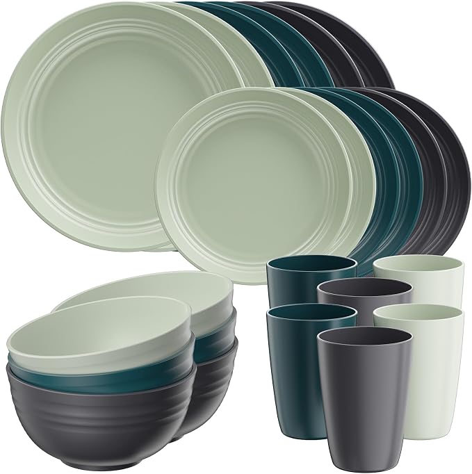 Quatish 24 Pcs Unbreakable Plates and Bowls, Plastic Dinnerware Sets for 6, Reusable Dish Set for Camping, Dishwasher Microwave Safe, Outdoor Kitchen and Apartment Dinning RV Essentials, Green