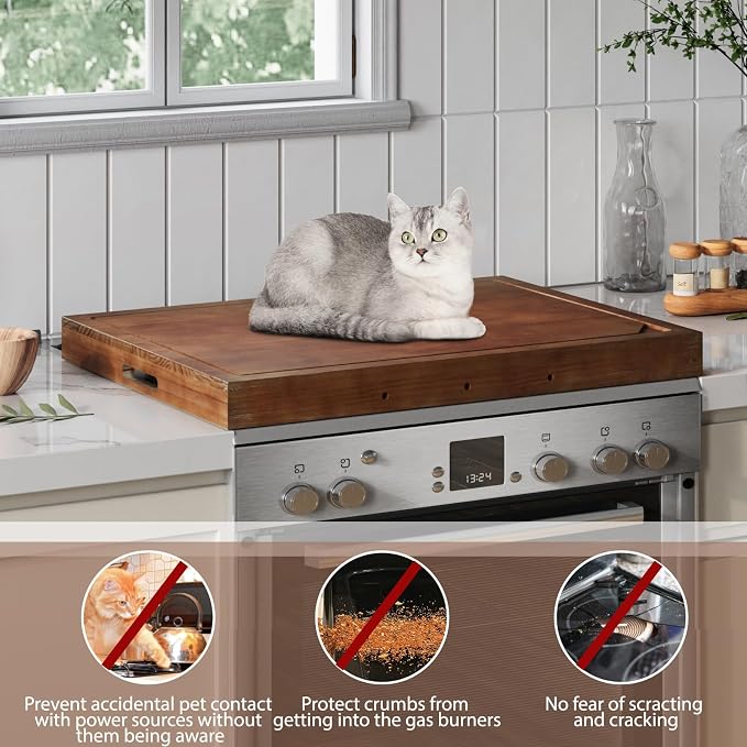 Wooden Stove Top Covers for Gas Burner and Electric Stove, Glass Cooktop Protector, Wood Noodle Board Stovetop Cover With Handles, Walnut