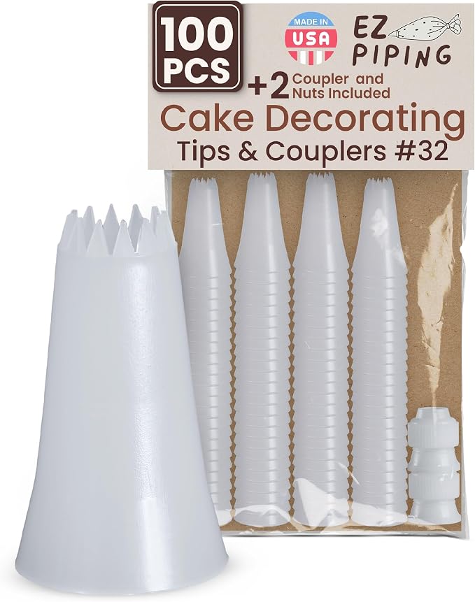 Reusable Plastic Piping Tips, Nozzles Standard Size Star Tip #32 (100pcs) | EZPiping Icing Nozzles with 2 couplers for Cake Decoration and Dessert Design, Baking Supplies Base Ø 0.75" Height 1.25"