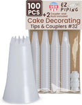 Reusable Plastic Piping Tips, Nozzles Standard Size Star Tip #32 (100pcs) | EZPiping Icing Nozzles with 2 couplers for Cake Decoration and Dessert Design, Baking Supplies Base Ø 0.75" Height 1.25"