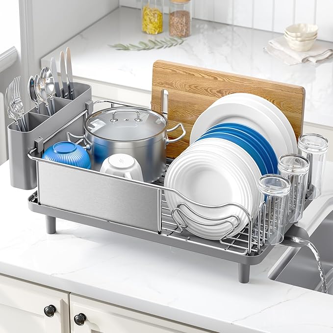 Urackify Stainless Steel Dish Drying Rack for Kitchen Counter, 16.9" x12.4" | Rustproof dish rack with utensil holder, 16.9" L x 12.4" W Large Capacity, Dish Drainer for Plates Dishes Sliverware, Grey