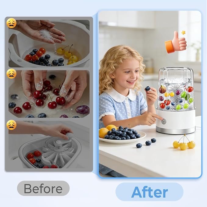 Electric Fruit Washer, Portable Fruit Cleaner Device with OH-Ion Technology | Produce Cleaner with 360° Rotating Silicone Brush & 3-Minute Cycle for Cherries, Grapes, Jujubes, Kumquats & Small Firm Fruit