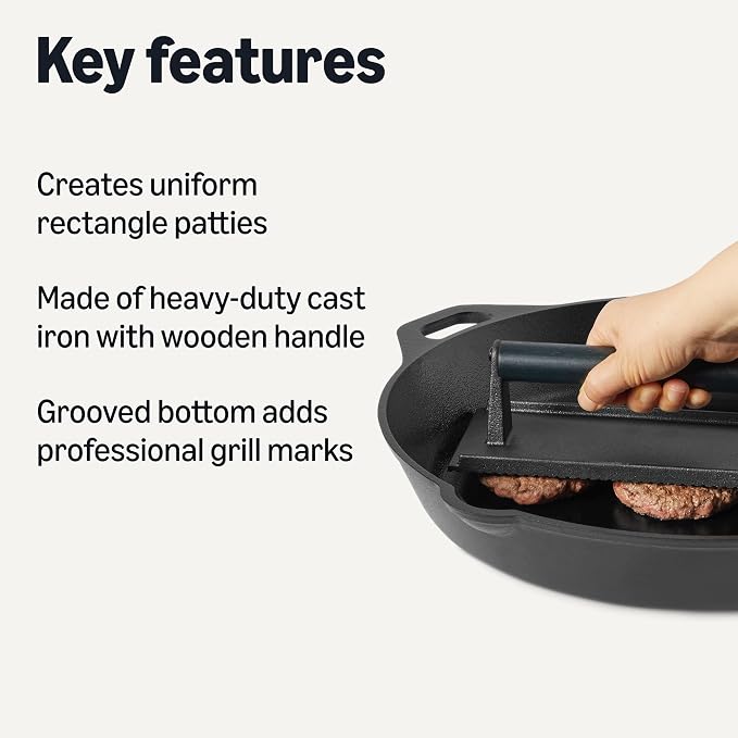 Amazon Basics Smash Burger Press, Cast Iron Bacon Press with Wooden Handle, Grooved Bottom for Grill Marks, Rectangle 8.1 x 4.2 Inch, Black, 1-Pack