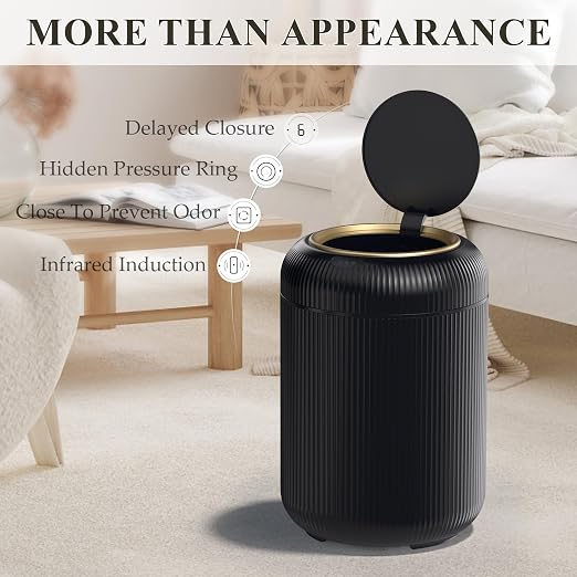 Motion Sensor Bathroom Trash Can with Lid,Black and Gold Garbage Can | 3 Gallon Automatic Bathroom Garbage Cans,Black Garbage Bin,Touchless Sensor Trash Bin,Small Waste Basket for Bedroom,Office