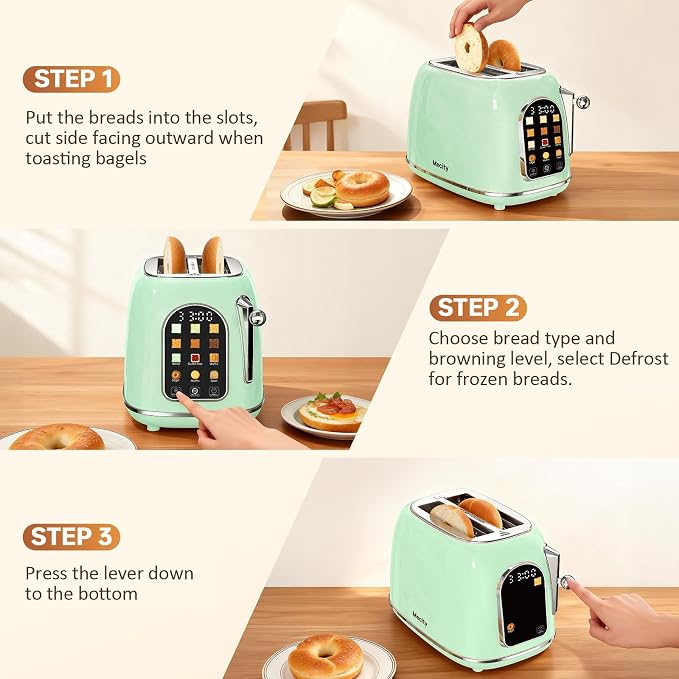 Mecity Toaster 2 Slice, Touch Screen Wide Slot Retro Toaster For Breads Bagel Muffin Waffle, House Warming Gift New Home, 120V 825W, Light Green