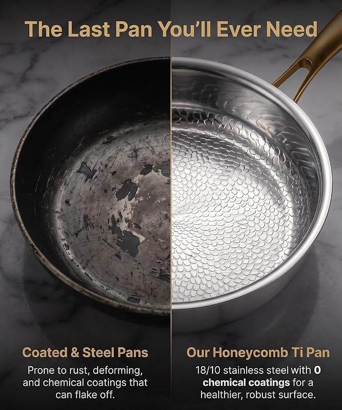 Titanium Pans for Cooking | 10" Pure Titanium Hammered Pro frying au gratin pan with Lid | Non-Toxic Skillet | PFAS/PFOA/PTFE Free Cookware | Dishwasher&Oven Safe