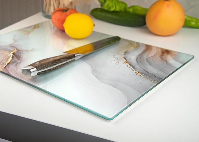 Glass Cutting Board 16"x12": Tempered Glass Kitchen Counter Protector - Durable- Scratch-Resistant, Heat-Proof - Design 7 - White & Gold