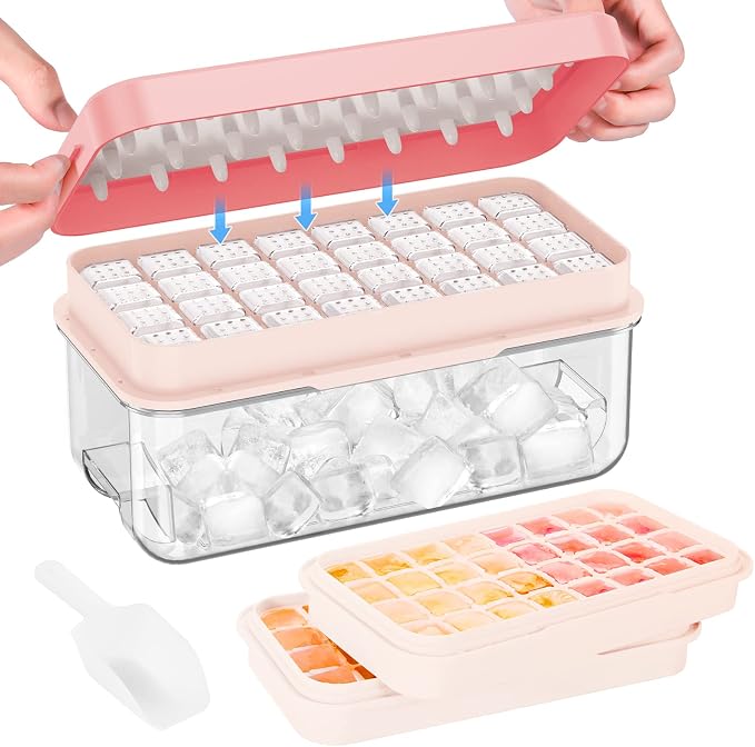 1" Ice Cube Tray with Lid and Bin, Easy Release 64 Cubes for Freezer | Food-grade BPA-free PP and ABS. 1" x 64pcs ice cubes for fruit whiskey, cocktails. Space-saving, stackable with scoop
