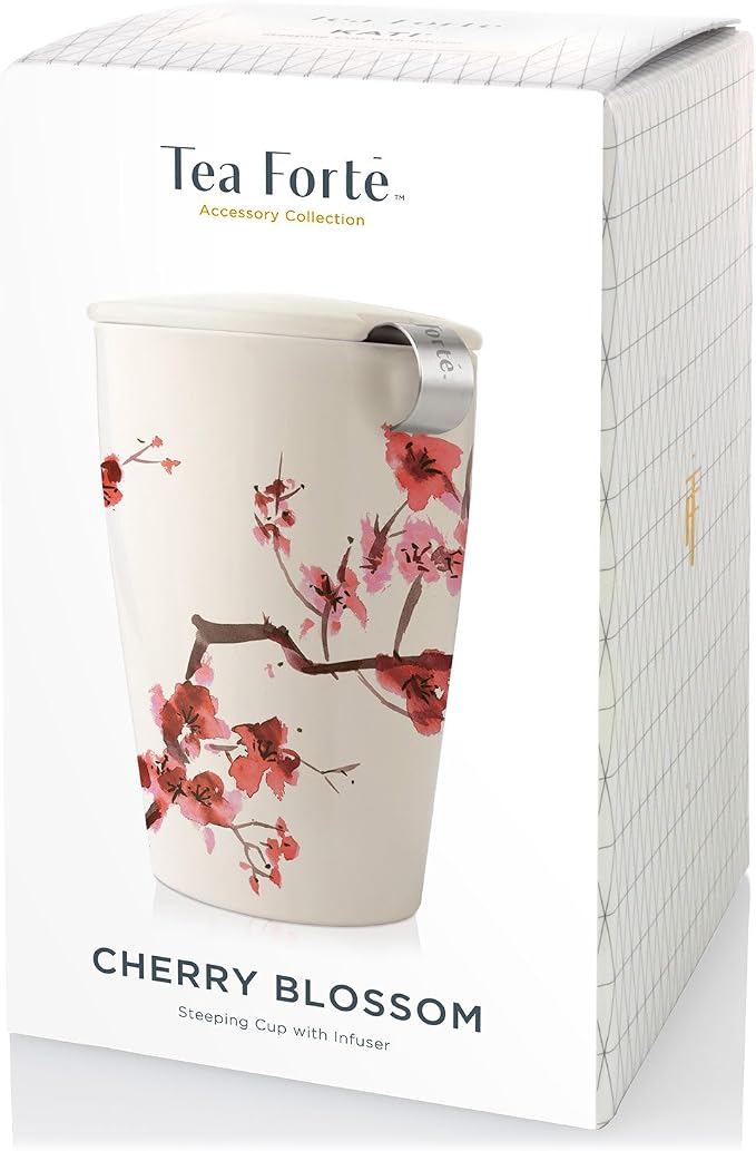 Tea Forte Double-Walled Ceramic Kati Cup, Removable Stainless Steel Infuser Basket and Lid, Steeps 12 oz Loose Leaf Tea, Dishwasher & Microwave Safe, Cherry Blossom | Insulated Ceramic - Stainless Steel Loose Leaf Infuser - Keeps Tea Hot Longer - Lid I...