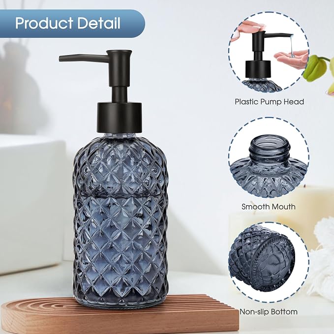 Topsky Gem Glass Soap Dispenser with Black Plastic Pump, 13oz Liquid Hand Soap Dispenser, Rustproof Pump for Kitchen & Bathroom, Great for Lotions, Essential Oil, Liquid Soaps-Grayish Blue