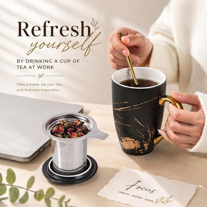AmorArc Tea Cup With Infuser and Lid, 18oz Loose Leaf Tea Mug With Steeper | Porcelain Tea Mug With Infuser and Lid, Large Strainer Tea Cup with Lid for Tea, Coffee Mug for House-warming Birthday Gift
