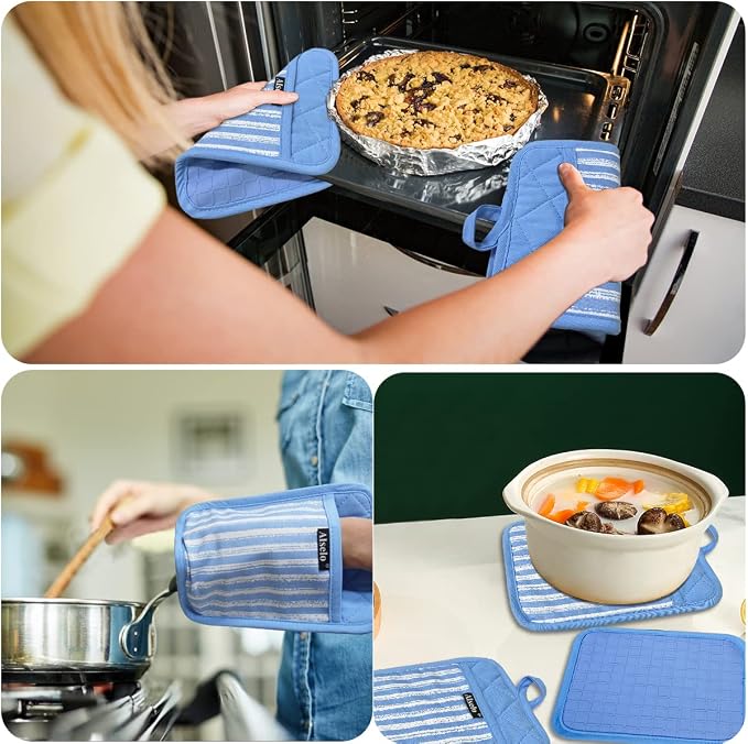Alselo Silicone Pot Holders Set of 3 Heat Resistant & Non Slip Potholders | Professional Oven Hot Pads with Pockets Mitts for Kitchen Cooking Baking Barbecue (Blue, 3)