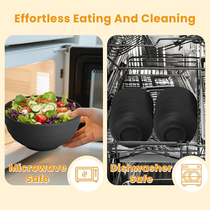 Unbreakable Big Bowl Set of 8: Alternative to Large Plastic Bowls - 60oz Wheat Straw Bowls for Salad, Soup & Cereal, Microwave & Dishwasher Safe for Everyday Use & Picnics - Black