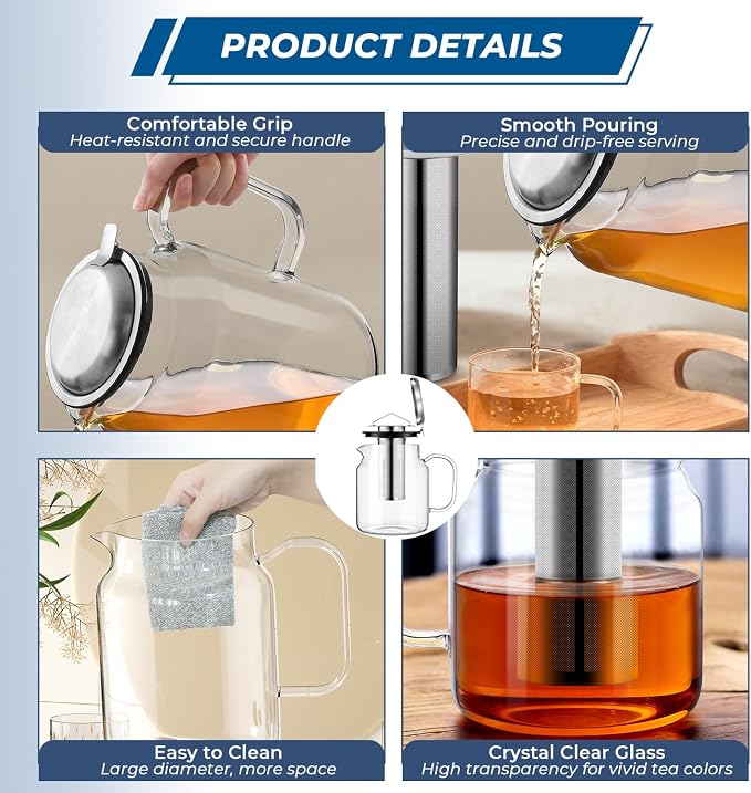 Aquach 85oz Glass Teapot with Infuser, Stovetop Safe Borosilicate Tea Pot | Dishwasher Safe, Plastic-free, Lead-free Material, Extra-Large Family Capacity, Precise Loose Leaf Filter