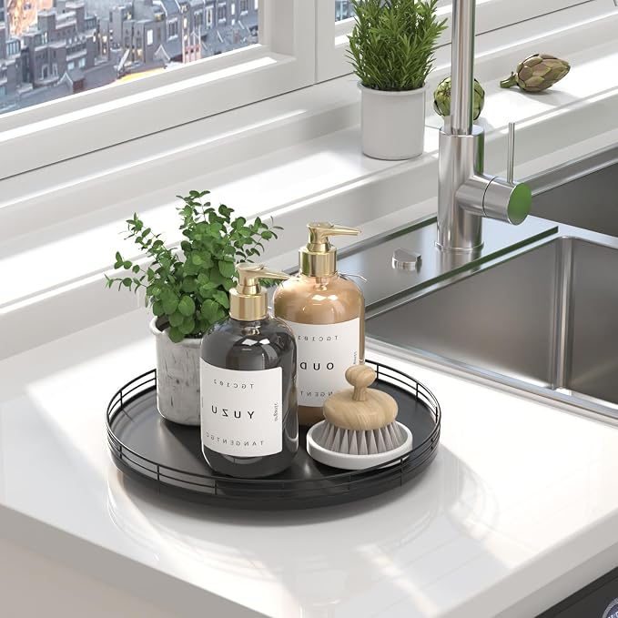 Oroyutor 12-Inch Oak Lazy Susan Vanity Tray, Black Finish | Rotating oak tray organizes spices, toiletries and decor on kitchen counters, bathroom vanities, dining and coffee tables.