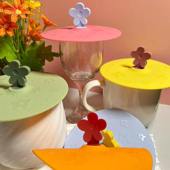 flower Silicone Cup Covers (Set of 5), Multicolored Silicone Lids for Mugs, Cups, Flexible Mug Covers, Tea Pots, Hot Cup Lids for Coffee & Tea (Style D)