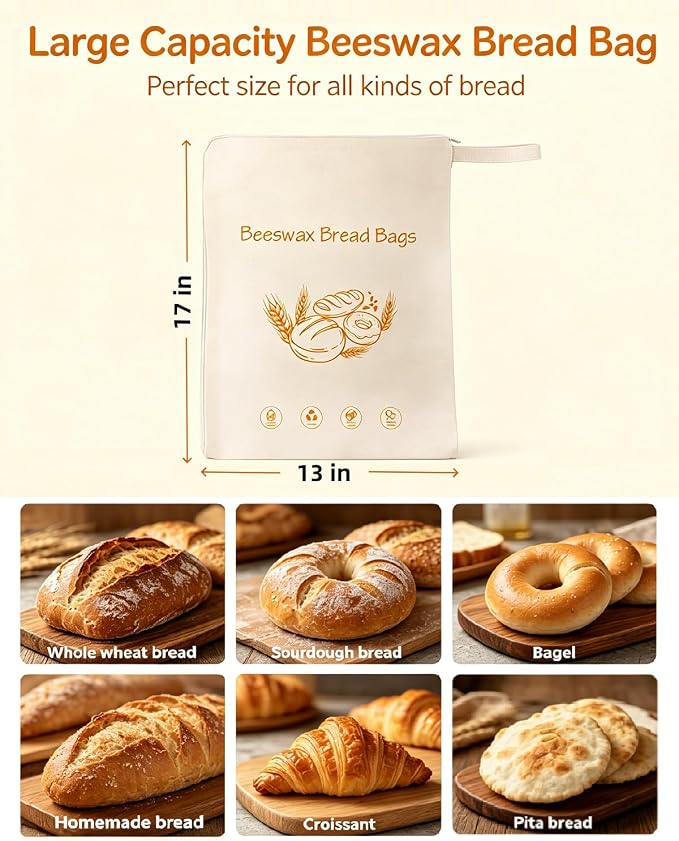 Reusable Beeswax Bread Bags for Homemade&Sourdough, 17"x13", 2 Pack | Organic Linen Beeswax Bag with Wide Zipper,Freezer-Friendly Storage for Bread,Washable Bread Bag,Keeps Loaves Fresh Longer