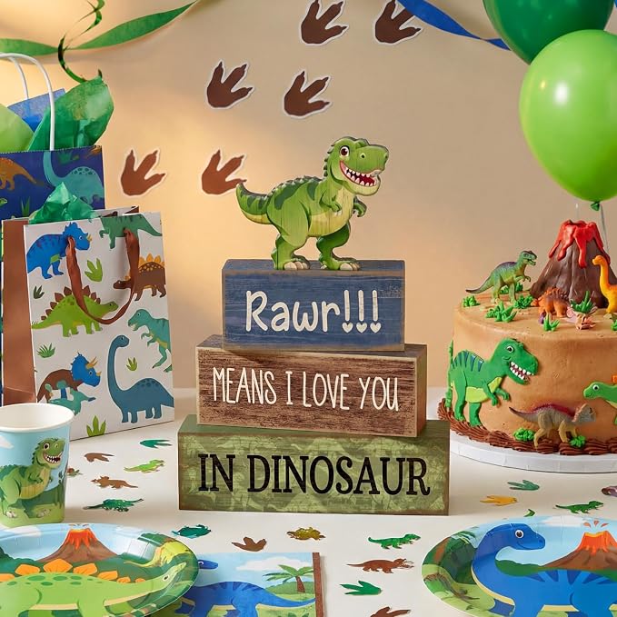 Lineshading 4 Pcs Dinosaur Table Decorations Wooden Dino Safari Party Decor | Rustic Tabletop Decorations for Home, Dinosaur Themed Signs, Tiered Tray Filler, Back to School Decor, Beach Style Accents