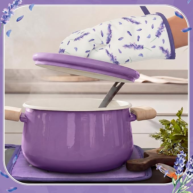 Leinuosen 8 Pcs Purple Lavender Kitchen Towels and Dishcloths Sets Oven Mitts and Pot Holders Sets Absorbent Kitchen Gloves Potholders Heat Resistant for Chef Baking Cooking