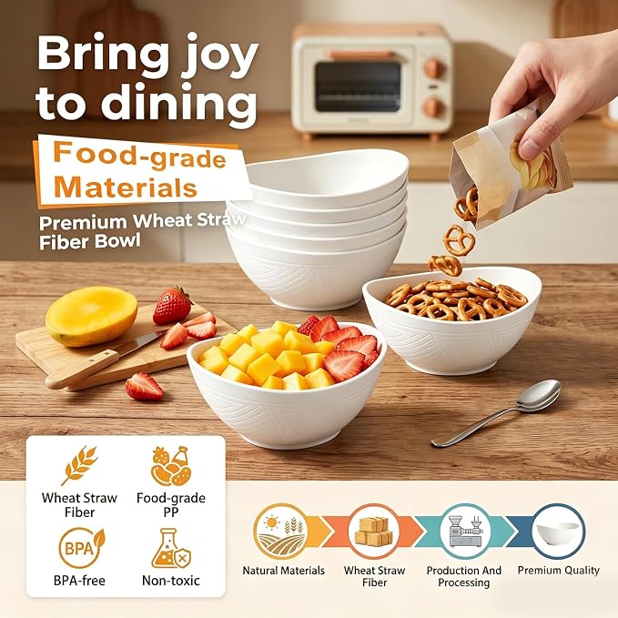 Soup Bowls Sets of 6, Unbreakable Wheat Straw Bowls 26oz, Oval Kitchen Bowls for Fruit, Ramen, Salad, Microwave and Dishwasher Safe Plastic Serving Bowls for Party, Apartment, Dorm - White