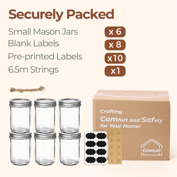 ComSaf 8 oz Mason Jars, 6 Pack Small Regular Mouth Glass Jars with Lids | BPA-Free Materials, Half-Pint Portions, Small Jam, Jelly, Honey Sample, Spice Rack, Meal Prep, DIY Candles, Labels and Twine