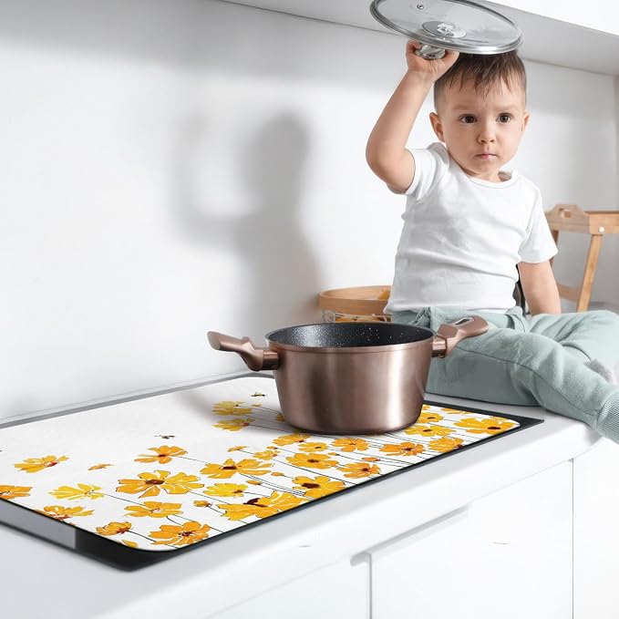 Spring Summer Glass Stove Top Covers for Electric Stove,Yellow Flowers Floral Bee Farmhouse Heat Resistant Cooktop Protector Non-Slip Washable Dish Drying Mat Rug Pad for Kitchen Decor 28"x20"