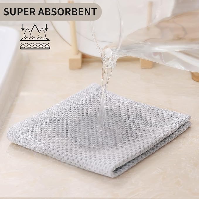 Kitinjoy 100% Cotton Waffle 6-Pack Kitchen Towels, 12" x 12", Light Grey | Ultra Absorbent, Super Soft, lightweight, Quick Drying Dish Rags for Washing Dishes